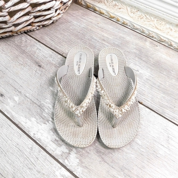 CHARLES ALBERT GRAY TAUPE BEADED & JEWELED SLIDES - Picture 2 of 5